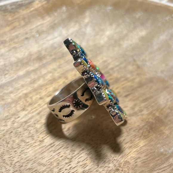 NWOT Handmade Sterling Silver Spiny Oyster & Opal Cluster Adjustable Ring - Picture 4 of 12